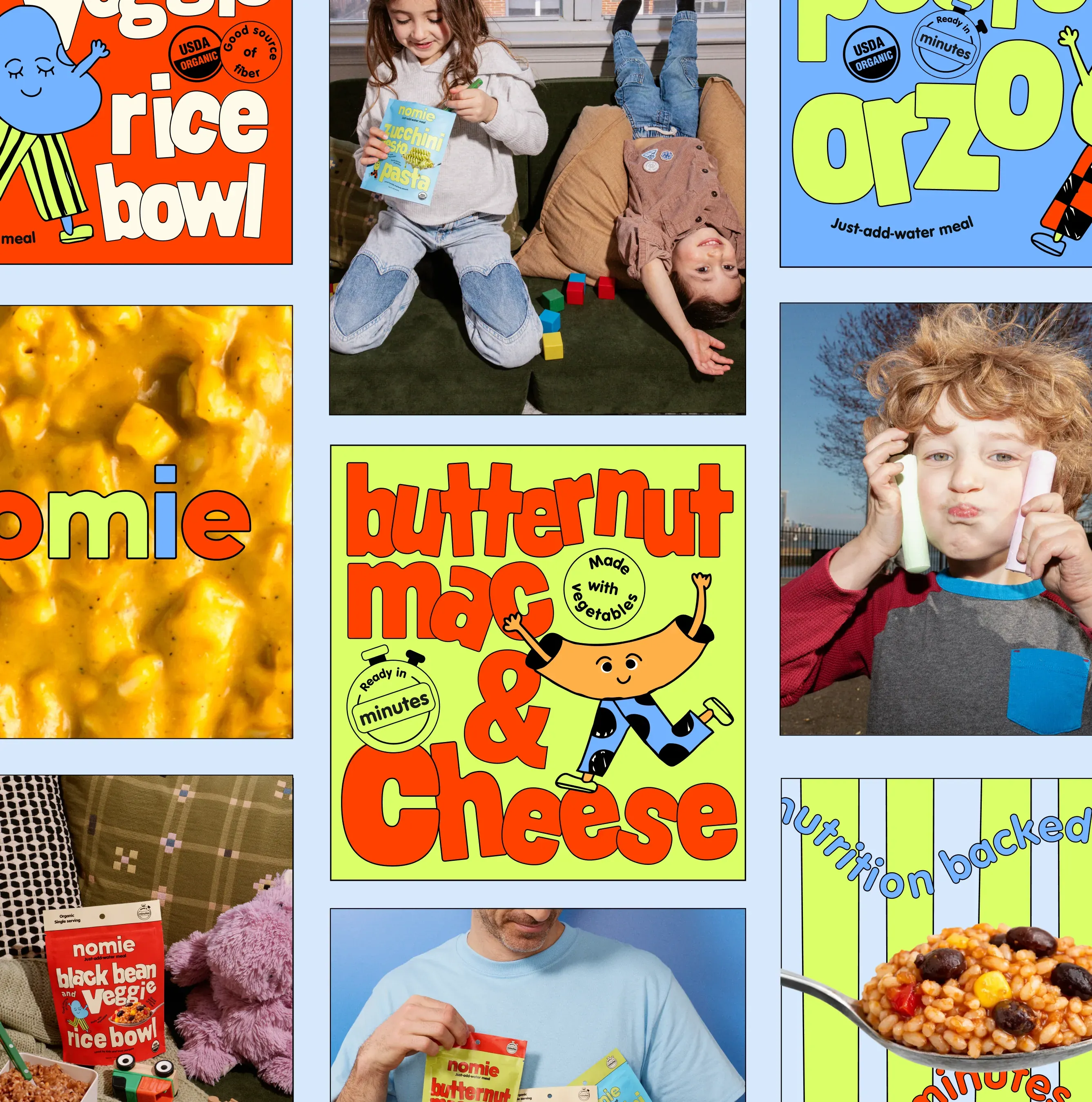 Grid of Nomie packaging, product and lifestyle images