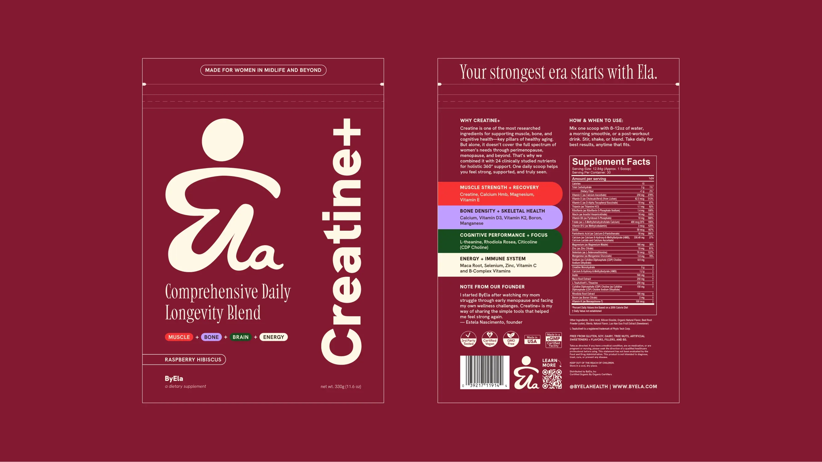 Front and back of the ByEla Creatine+ pouch design