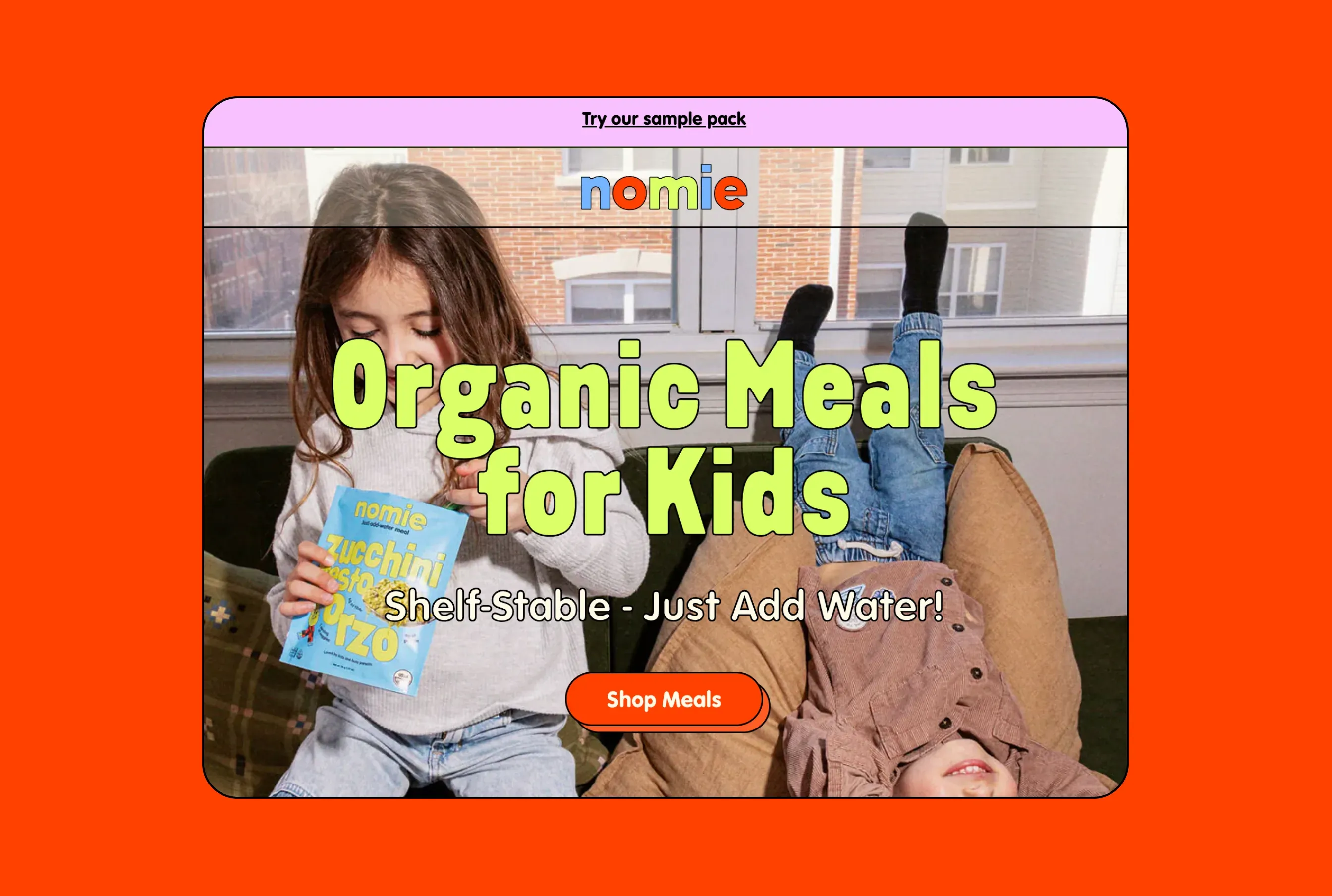 Nomie website: Organic Meals for Kids, shelf-stable, just add water