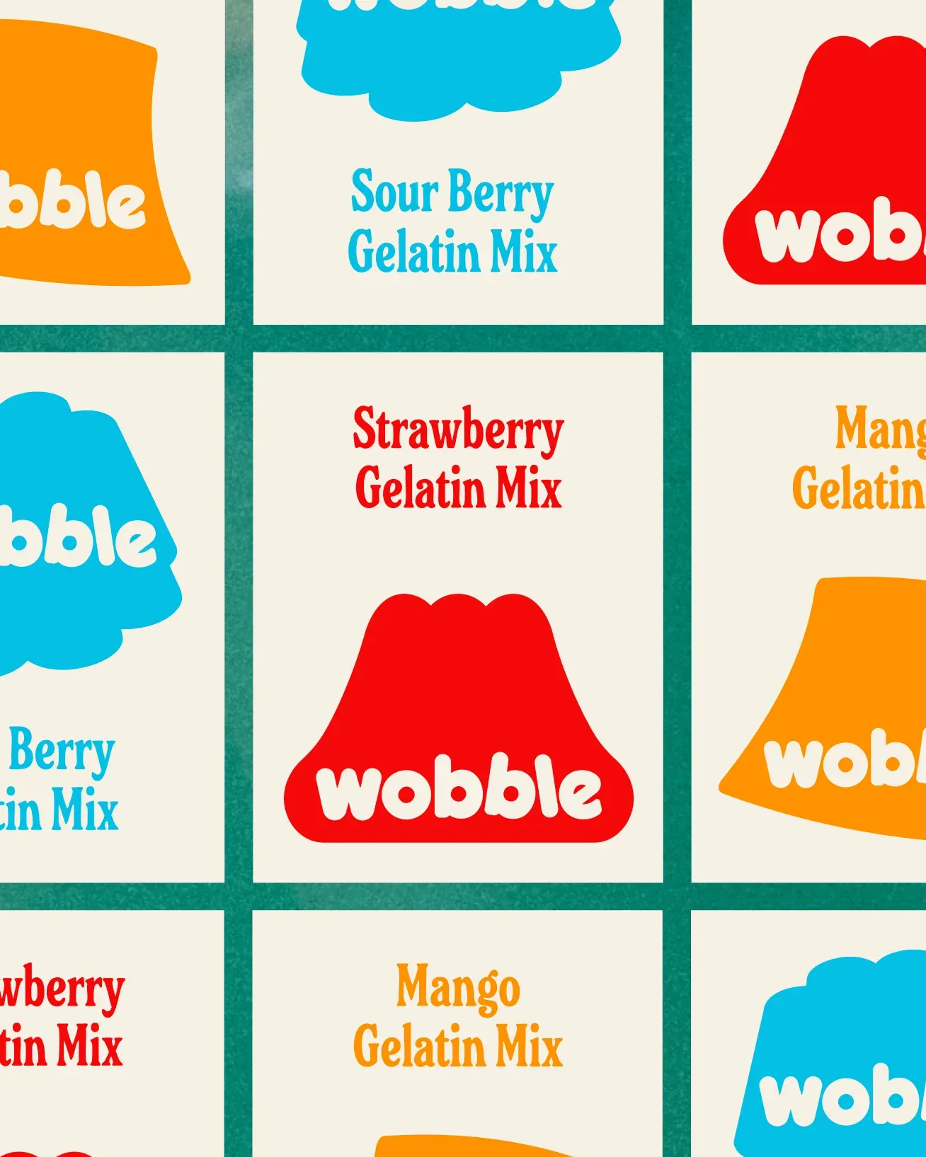 Wobble flavor labels: sour berry, strawberry and mango gelatin mix